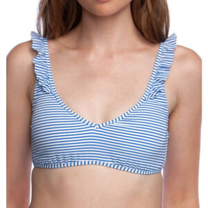 Ralph Lauren Womens Blue Striped Ruffle V-Neck Bikini Swim Top Large NEW